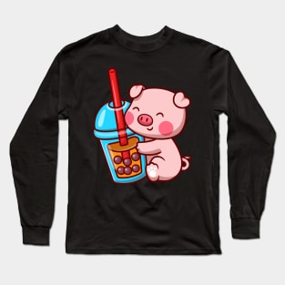 Cute Pig With Bubble Milk Tea Cartoon Long Sleeve T-Shirt